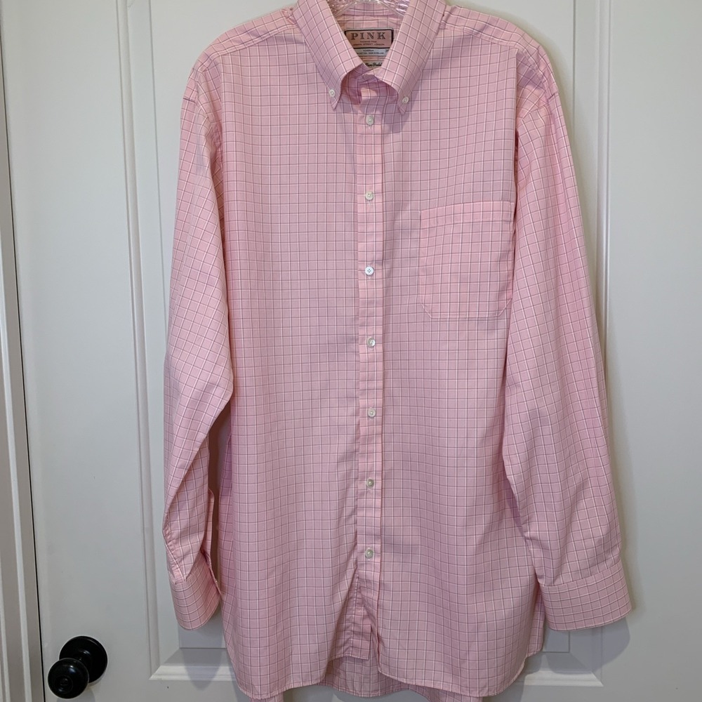 Thomas Pink Dress Shirt Mens 17 35 Superfine 170s Cotton Pink Check Made Ireland